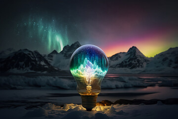 Light bulb solar system, storm, aurora borealis, generative art