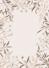 Vertical greeting card with dry grass. Cover template with plants. Natural tones. Botanical background with copy space. Engraving. Layout border for greeting card, postcards, logos, covers, labels.