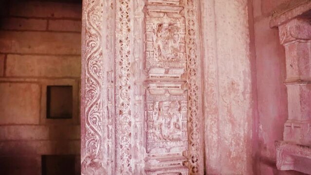 red stone ancient hindu temple architecture from unique angle at day