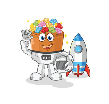 flowers in pot astronaut waving character. cartoon mascot vector