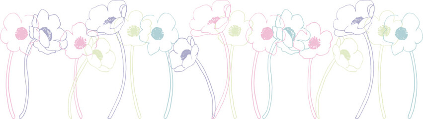 アネモネの線画イラスト。アネモネの花びらの背景フレーム。Line drawing illustration of anemone. Anemone petals background frame.