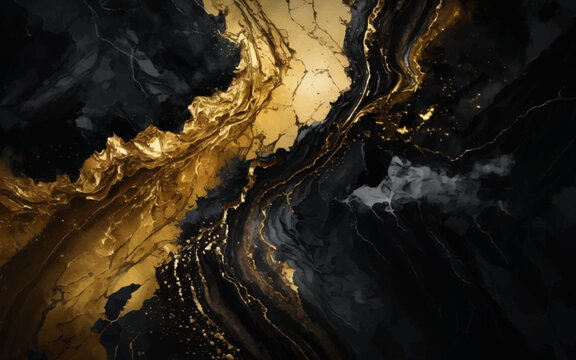 black golden marble background vector design. Modern watercolor background or elegant card design or banner or header with abstract black ink waves and golden splashes. 