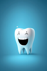White happy tooth in cartoon style on blue background. The concept of dental health. Generative AI