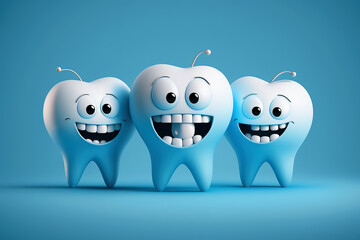Obraz premium happy smiling teeth in cartoon style on blue background. The concept of dental health. Generative AI