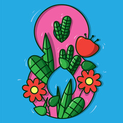 Line art flat vector illustration for International Women's Day. Numeral 8, Flowers, Grass, Leaves. Concept of congratulations on March 8. Greeting card. Gift for beloved woman, mother, wife, sister