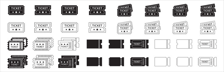 Ticket icon set. Stacked ticket icon collection. Movie theatre ticket with stub line icons. Raffle voucher coupon sign. Vector stock illustration. Flat outline design style. - obrazy, fototapety, plakaty