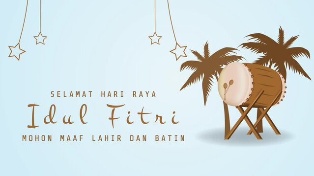 Selamat Hari Raya Idul Fitri Meaning : Happy Eid Mubarak. Animasi Selamat Hari Raya Idul Fitri dengan dekorasi dan bedug. cocok untuk kartu ucapan Idul Fitri