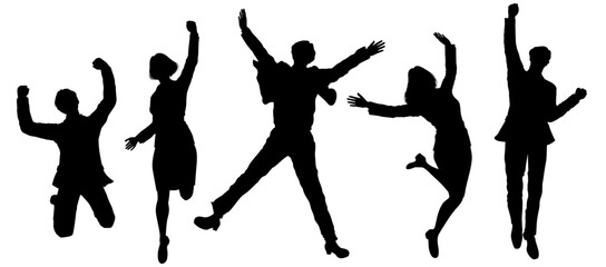 ジャンプやバンザイをする若い男女のシルエット 全身正面のイラストセット