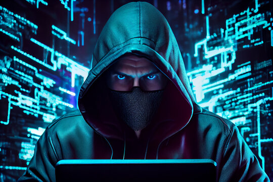 Hacker man in hoodie dark theme.