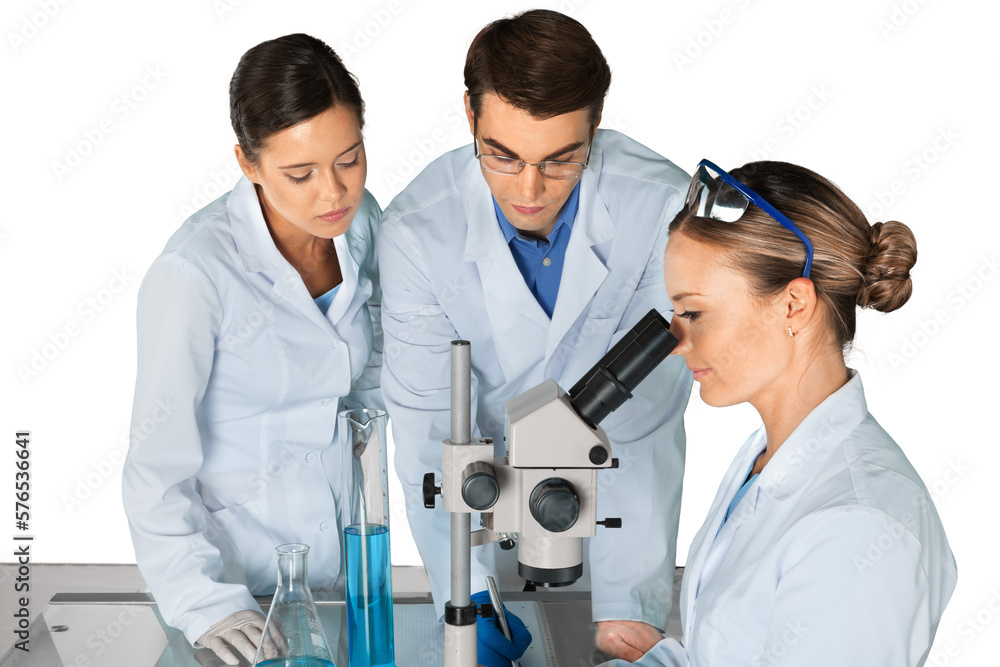 Poster scientists working with microscope isolated on white background