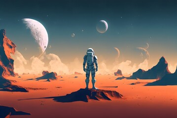 A spaceman standing alone on a deserted planet, digital art style, illustration painting, Generative AI