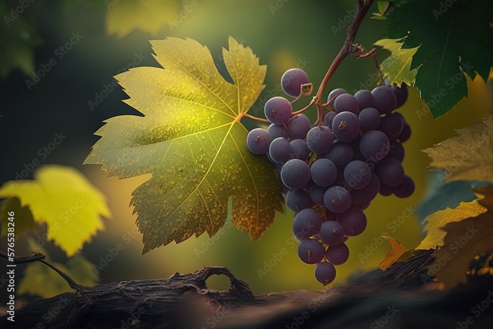 Poster spectacular out-of-focus leaf image with a ripe grape on the wine generative ai