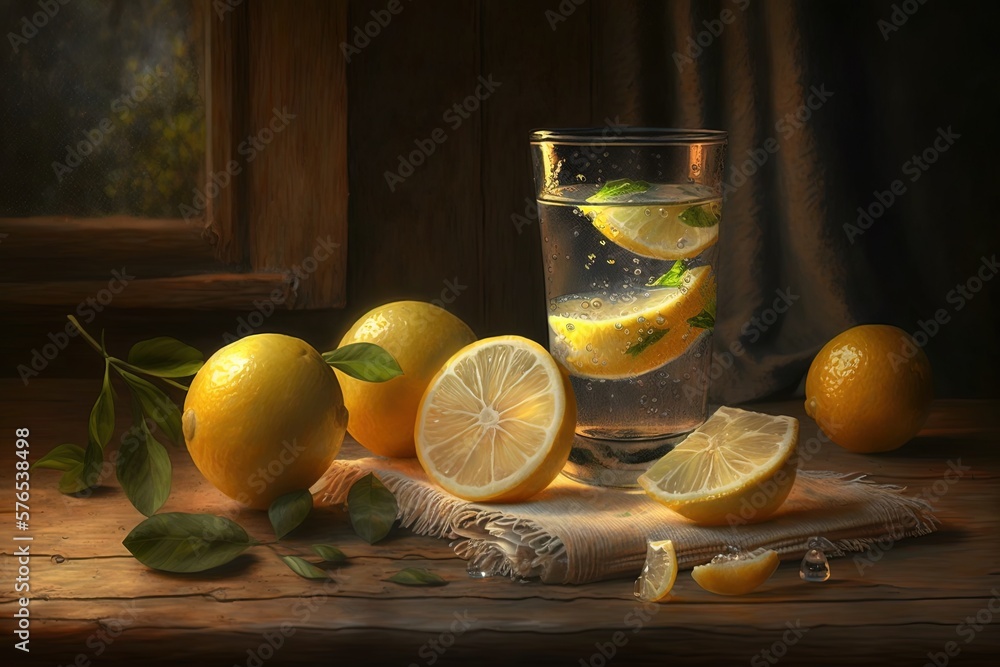 Poster citrus still life with lemon slices and juice on a wooden table generative ai