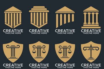 Law office logotypes set with scales of justice, gavel etc illustrations. Vector vintage attorney, advocate labels, juridical firm badges collection. Act, principle, legal icons design
