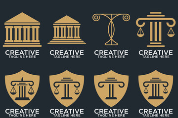 Law office logotypes set with scales of justice, gavel etc illustrations. Vector vintage attorney, advocate labels, juridical firm badges collection. Act, principle, legal icons design