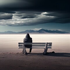 Fototapeta premium A person on bench in front of a vast desert