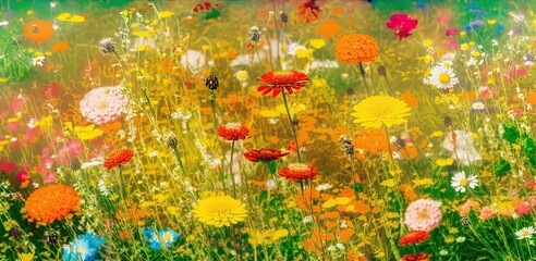 Obraz na płótnie Canvas Abstract meadow field of flowers. Colorful blooming floral painting. Spring garden background.