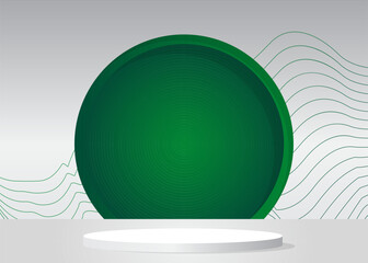 Green and white Sci-fi vector 3D product display. Abstract Stage showcase. Futuristic room, cylinder pedestal podium. Mockup for presentation. Minimal geometric forms, empty scene.