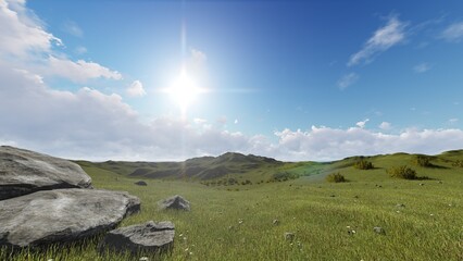 Green grass hill field under blue sky. 3D illustration. 3D rendering. - obrazy, fototapety, plakaty