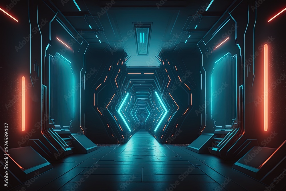 Poster view from the entrance of a futuristic spaceship's hallway illustrations of neon laser pointing arro