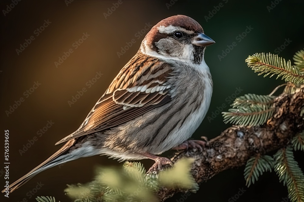 Poster a sparrow sits on a limb of a tree. generative ai