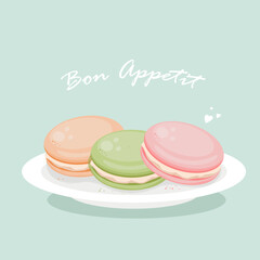 macaroons on the plate, pink, green, orange cookies, biscuit, dessert