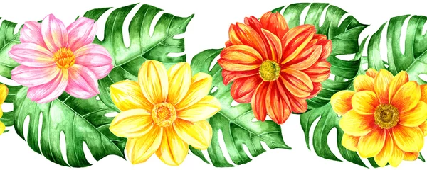 Selbstklebende Fototapeten watercolor drawing green tropical leaves and dahlia flowers, floral seamless border, exotic natural pattern at white background , hand drawn illustration © cat_arch_angel