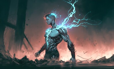 sci-fi concept showing a cyborg male recovering energy, digital art style, illustration painting, Generative AI