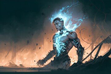 Fototapeta premium sci-fi concept showing a cyborg male recovering energy, digital art style, illustration painting, Generative AI