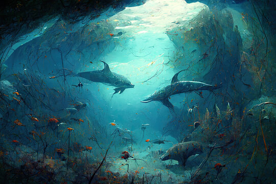 painting of fish and dolphins underwater