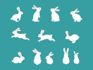 Cute white rabbits in various poses. Rabbit animal icon isolated on background.