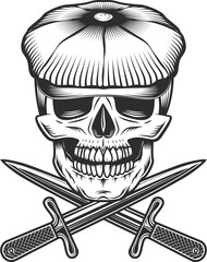 Skull in the tweed hat flat cap with gangster knife dagger vintage illustration