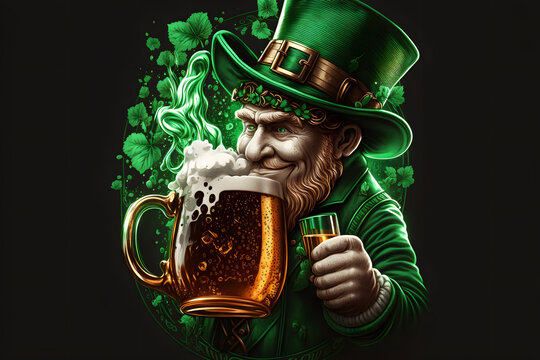 Smirking leprechaun holding beer and whiskey glasses, on black background