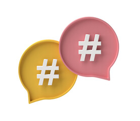 3D Hashtag search link symbol in social media notification isolated on transparent background