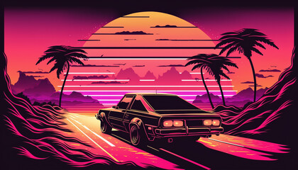 Car driving towards the sunset in vaporwave style