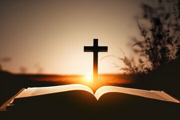 Bright sun light and bible book and the cross silhouette of the Holy Jesus Christ guiding the bright path. Generative AI