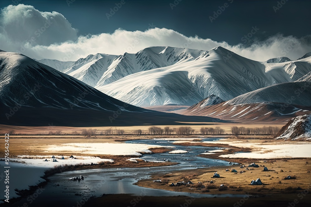 Aufkleber snow-covered peaks in mongolia's altai range generative ai