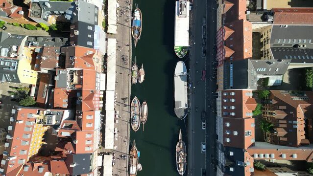 Aerial Top Down of Nyhavn Harbor and Canal