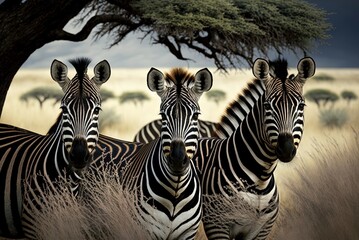 Pictured here are three zebras in the Serengeti National Park in Tanzania's Grumeti Game Reserve. Generative AI - obrazy, fototapety, plakaty