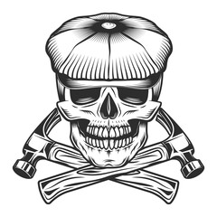 Skull in the tweed hat flat cap with crossed construction hammer with nail puller vector vintage illustration