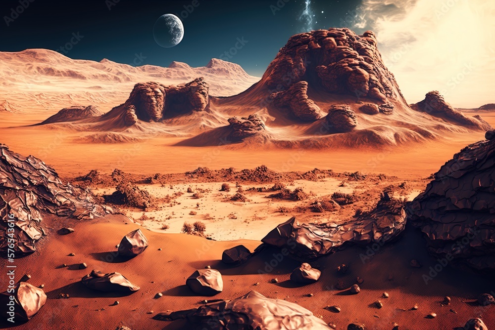 Poster imaginary martian terrain with jagged rocks as seen from orbit. generative ai