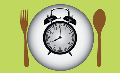 Ramadan fasting illustration vector with a pair of spoon and fork next to an empty plate with an alarm clock. Waiting for the time to break the fast in the month of Ramadan