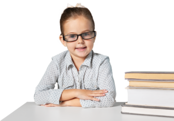 Cute young girl with books on background