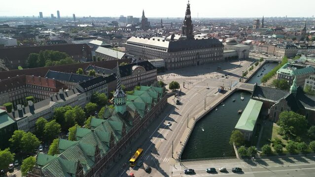 Christiansborg Castle and Borsen Stock Exchange Aerial Pan, Copenhagen, Denmark