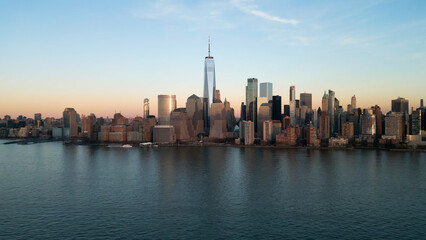 Fototapeta na wymiar Skyline of Manhattan and Hudson River on sunset - drone photography