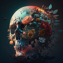 Skull flowers gothic aesthetic colorfull Generative IA Illustration