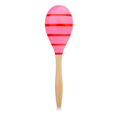 Wooden colored baby rattle isolated on a white background. Bright maracas for a child. Toys for concentration of attention