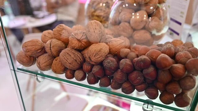 Closeup of Walnuts and Hazelnuts are displayed during the Gulf Food exhibition, United Arab Emirates