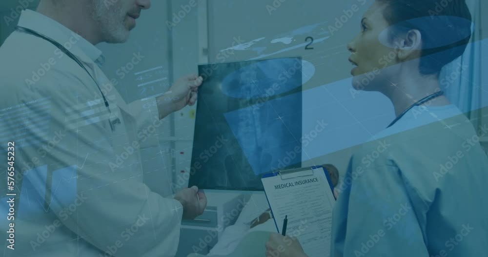Aufkleber animation of data processing over diverse doctors with x ray scan