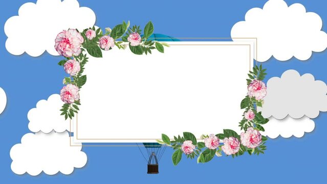 Animation of blank card with flowers and copy space over balloon and clouds